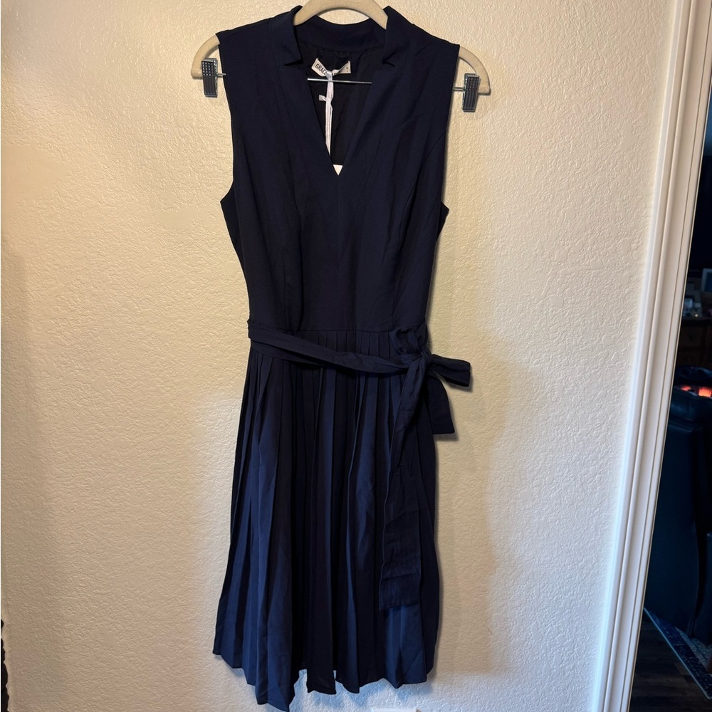 Grace Karin Navy Sleeveless V-Neck Pleated Chiffon Belted Mini Dress Size M NEW - Picture 2 of 7